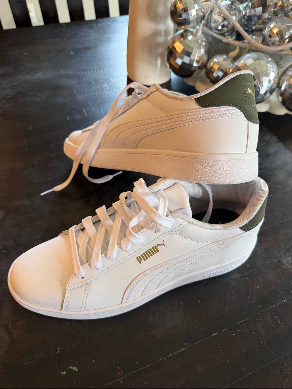 Puma White Leather Sneakers with Olive Heel Tab